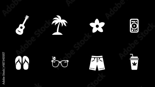 Summer Vacation Travel Icons Set. Tropical Beach Holiday Essentials: Ukulele, Palm Tree, Flip-Flops, Sunglasses, Drink. Vector Elements.