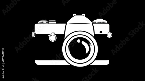 Vintage Style Camera Icon Outline Vector Illustration. Retro Photography Equipment Symbol on Black Background for Digital Media.