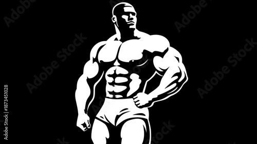 Muscular Bodybuilder Man Illustration. High Contrast Black and White Graphic of a Strong Athlete for Fitness, Strength, and Power