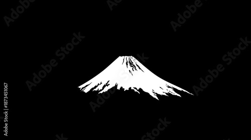 Minimalist graphic illustration of a snow-capped mountain peak against a black background, evoking a traditional Asian landscape.