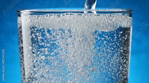 Crystal clear refreshing water being poured into a transparent glass creating effervescent bubbles and a dynamic splash against a vibrant blue background symbolizing purity hydration and healthy livi.