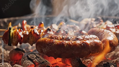Delicious sausages and vibrant vegetable skewers sizzling on a hot charcoal grill with visible flames and smoke creating an inviting aroma for a perfect summer barbecue party or outdoor cooking event.