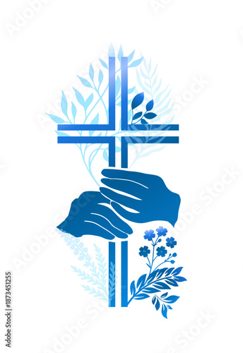 Religious cross with flowers and birds. Happy Easter. Hand drawn. Not AI, vector illustration