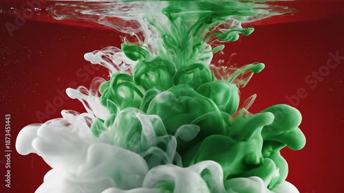 Dynamic white and vibrant green ink plumes gracefully swirling and diffusing underwater against a striking red background creating an mesmerizing abstract liquid art composition with flowing colors a.