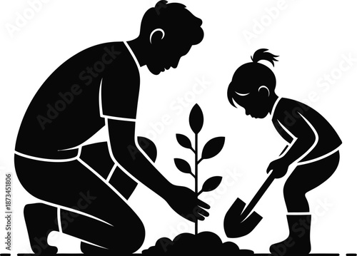 Father and son planting tree together, family gardening concept, black silhouette icon