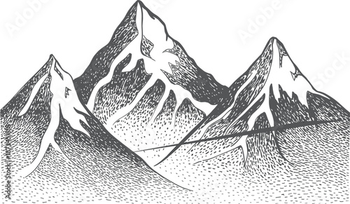Black and white mountain illustration, hand drawn dotted engraving landscape, minimalist alpine peaks scenery, vintage sketch style nature artwork