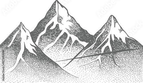 Black and white mountain illustration, hand drawn dotted engraving landscape, minimalist alpine peaks scenery, vintage sketch style nature artwork