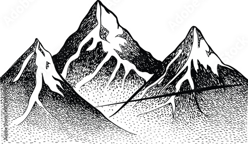 Black and white mountain illustration, hand drawn dotted engraving landscape, minimalist alpine peaks scenery, vintage sketch style nature artwork