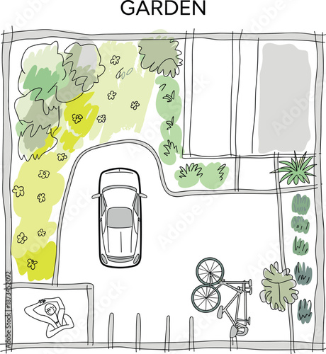 Top view garden layout sketch illustration, residential outdoor plan with plants driveway car bicycle, minimalist landscape design concept