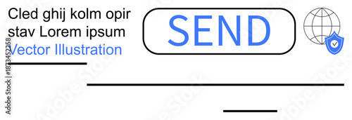 Online security, email, user interface, digital communication, internet safety, data protection. Send button with globe and shield icon design. Online security and email protection concept