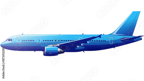 Vector illustration of a modern blue passenger airplane flying, side view, on transparent background