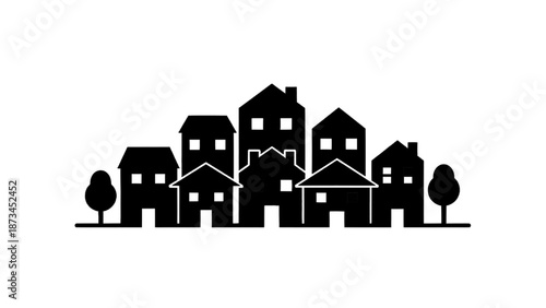 Vector illustration of a minimalist urban residential area with multiple houses, on transparent background