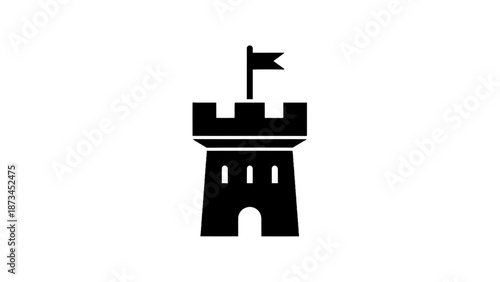 Vector illustration of a fortified castle turret with battlements and a banner, on transparent background