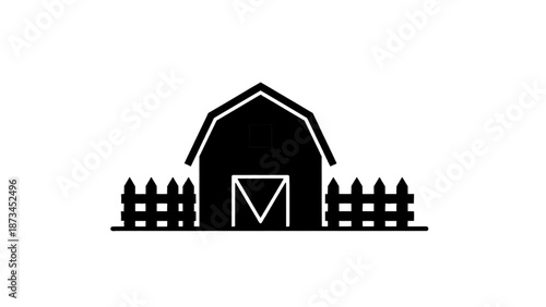 Vector illustration of a classic black barn house with a rustic fence, on transparent background