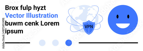 VPN shield with global connectivity, a smiling face for user safety, and minimal design elements. Ideal for cybersecurity, privacy, network, online protection, innovation, technology simple landing