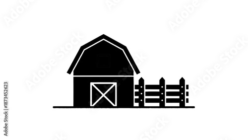 Vector illustration of a traditional farm barn building and wooden fence, on transparent background