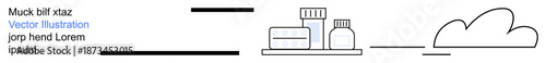 Online health services, pharmaceutical logistics, cloud storage, telemedicine, inventory management, data synchronization. Bottles and pill containers with a cloud icon. Online health services