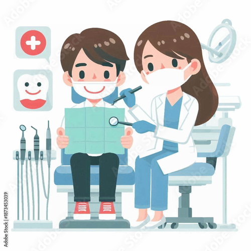 Dentist examining patient holding tools wearing masks in a dental setting