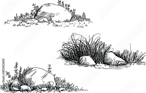 Hand drawn grass and rock sketch illustration, natural ground elements with stones plants, black and white landscape details