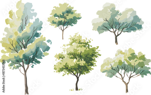Watercolor tree illustration set, hand painted green foliage trees, natural forest elements, soft artistic botanical design, isolated nature artwork