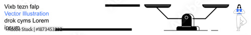 Legal system, equality, decision-making, business ethics, justice, balance. Black and white scales with a business professional figure. Legal system and balance concepts