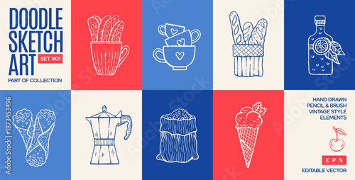 Coffee and breakfast poster. Italian brunch hand drawn illustration. Doodle cafe poster set with coffeemaker, ice cream, bread, coffee cup, wine bottle, cannoli background. Vintage Italian food bg