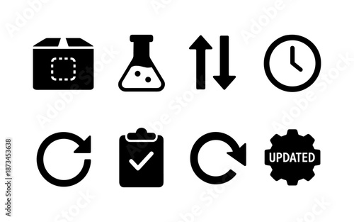 Collection of eight black icons representing various business and technology concepts on a white background