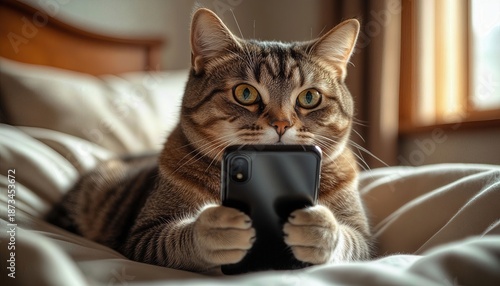 Cat looks at smartphone while sitting on bed in bright room during daytime