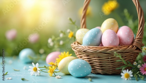 Wicker basket holds pastel colored Easter eggs with small white dots. Outdoor spring garden setting with soft green background bokeh and bright sun glare.