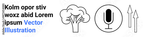 Environmental awareness, communication tools, media, growth, progress, sustainability. Black and white tree, microphone and two upward-pointing arrows. Environmental awareness and communication
