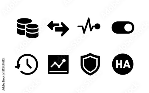 Collection of eight modern black icons representing finance, data, and technology concepts