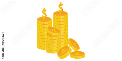Heap of gold coins with us dollar currency sign vector illustration isolated on white background. Money coin stack pile. Business and finance concept design element transparent baground