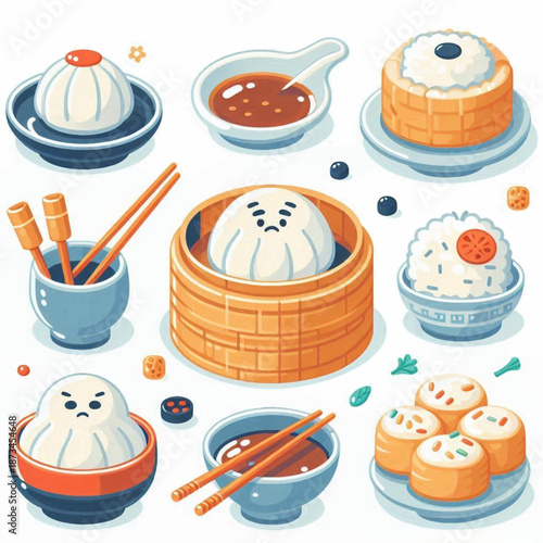 Dumplings and other food items in a cartoon style arranged on a white background