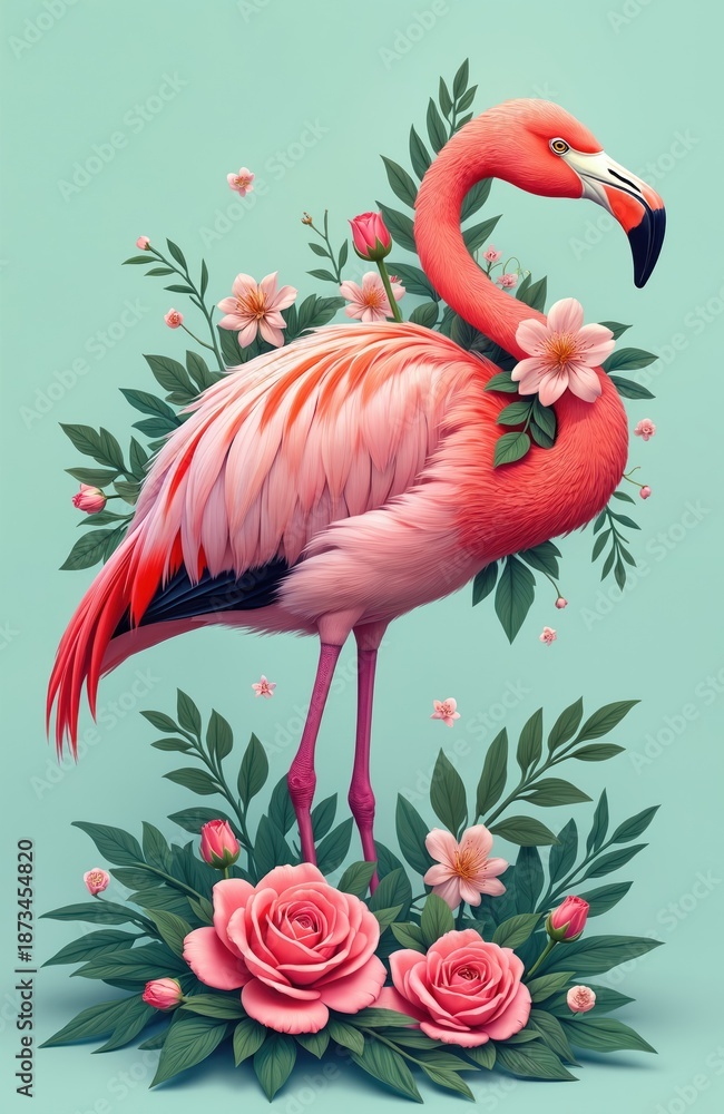 Fototapeta premium Pink flamingo bird stands among lush green leaves and soft pink flowers. Beautiful exotic tropical bird decorated with roses and blossoms. Elegant animal art with floral elements.