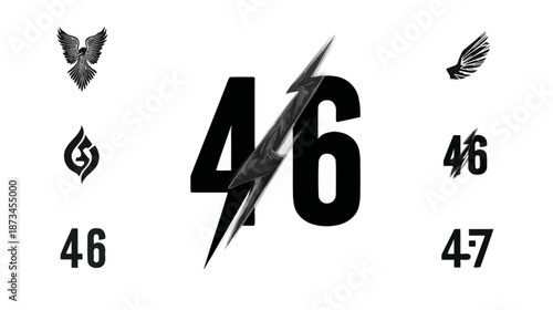 Dynamic graphic numbers 46 and 47 with lightning bolt, wings, and abstract emblems on a white background, competitive theme.