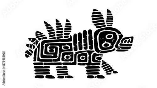 Stylized Indigenous Animal Illustration with Intricate Geometric Patterns and Spiked Back, Ancient Tribal Art Element