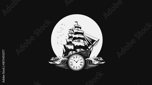 Graphic illustration of a vintage sailing ship under a full moon with a classic pocket watch and ocean waves