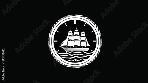 Elegant white sailing ship emblem in a circular frame with waves and time markers on a black background. Nautical graphic design.