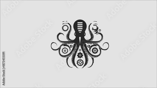 Steampunk Mechanical Octopus Illustration with Gears, Cogs, and Lightbulbs. Industrial Design Symbolizing Intelligence and Complexity.
