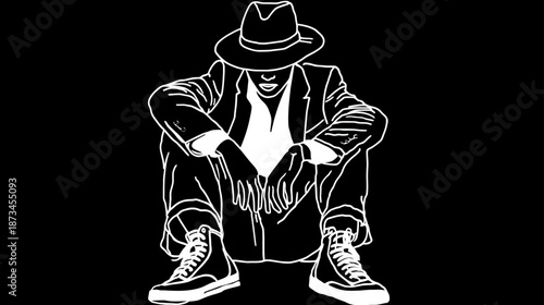 Stylized vector illustration of a mysterious person in a fedora hat and suit crouching, black and white urban street style character.