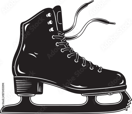 Detailed black and white illustration of a classic figure ice skate boot with untied laces ready for winter sports.