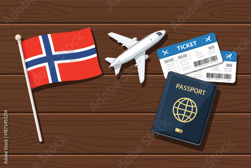 Preparation for a trip to Norway involves essential travel documents like a passport flight tickets and a small national flag.