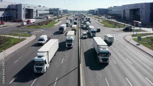 An ultra-smooth cinematic drone pull-back video over a multi-lane road network, revealing an ultra-modern global logistics hub with diverse commercial vehicles flowing fluidly under mid-morning
