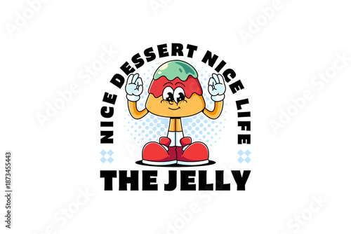 Retro groovy with Gelatin pudding with layered color mascot. Funny retro cartoon Striped jelly pudding dessert character standing and ok hand pose for cafes and pastry merchandise. Vector Illustration