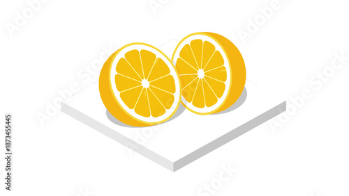 Isometric sliced lemon on white platform: bright citrus design with modern style