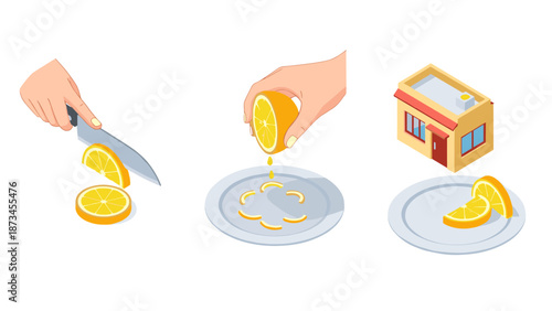Isometric lemon preparation: slicing, squeezing, and serving with building overhead
