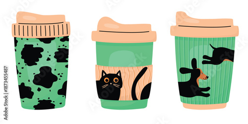 Disposable coffee cups collection. Cartoon objects with lids and decorated with animal prints. Green, beige and black colors. Isolated on a white background. Vector design for use in card, banner.