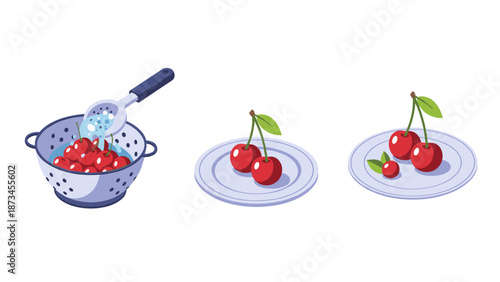 Isometric cherry cooking process: fresh cherries in colander and on plates