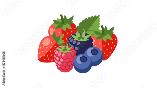 Colorful berries composition with strawberries, blueberries, and raspberries