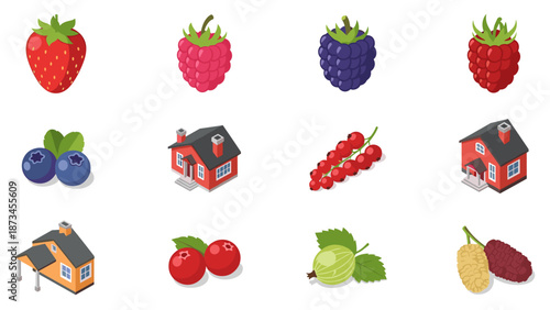 Colorful fruit and house icons in isometric style for versatile designs